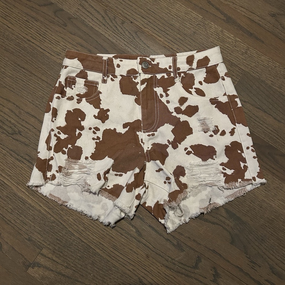 Peach Love California Raw Hem Denim White & Brown Jean Shorts Size Medium
